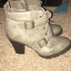 madden girl heeled booties, grayish/brown